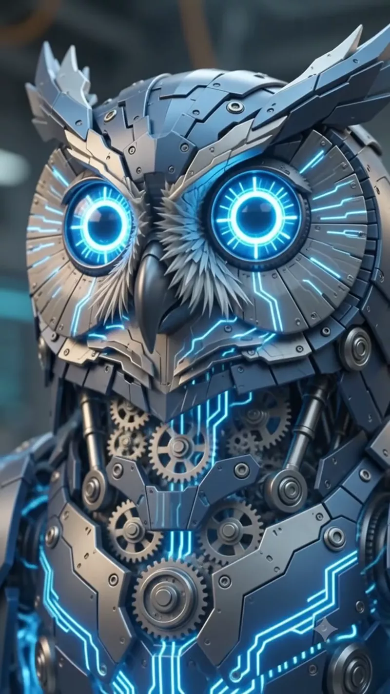 CEZERİ ROBOTECH robotik baykuş amblemi, dişli çarklardan oluşan mekanik bir bütüne dönüşürken